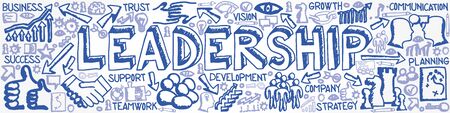 Vector illustration of hand drawn flat icon group with Leadership, Trust, Support, Vision, Development and Teamwork conceptのイラスト素材