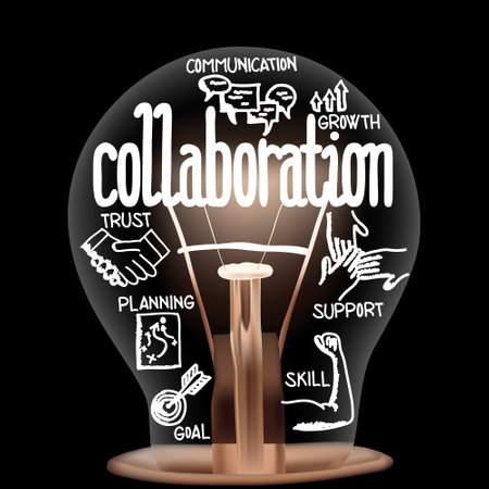 Vector Illustration of single light bulb with icons and shining fiber in a shape of Collaboration, Trust, Skill, Goal and Support concept related words isolated on black backgroundのイラスト素材