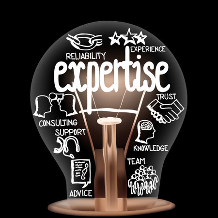 Vector Illustration of single light bulb with icons and shining fibers in a shape of Expertise, Reliability, Experience, Trust and Knowledge concept related words isolated on black backgroundのイラスト素材