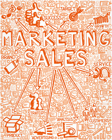 Vector illustration of hand drawn icon group with Marketing Sales, Target, Sales, Advertising, Technology and Customers conceptのイラスト素材