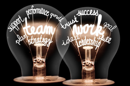 Group of light bulbs with shining fibers in a shape of Team Work, Support, Leadership, Goal, Trust and Strategy concept related words isolated on black background; horizontal compositionの写真素材