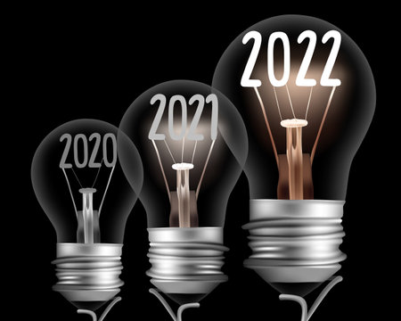 Vector Illustration of light bulb group with fiber in a shape of 2022 and dark light bulbs with 2021 and 2020 isolated on black background. New Year concept.のイラスト素材
