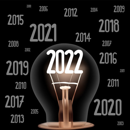 Vector Illustration of single light bulb with fiber in a shape of New Year 2022 and years passed isolated on black background.のイラスト素材