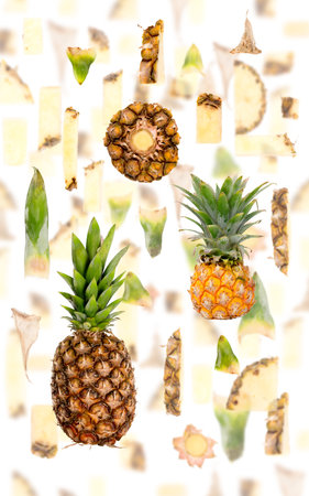 Abstract background made of Pineapple fruit pieces, slices and leaves isolated on white.の写真素材