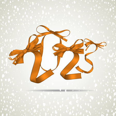 Vector illustration of New Year 2023 made of gold ribbons with snowfallのイラスト素材