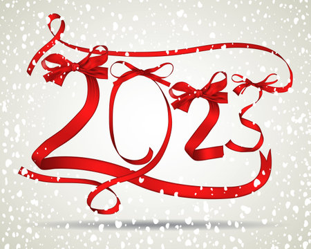 Vector illustration of New Year 2023 made of red ribbons with snowfallのイラスト素材