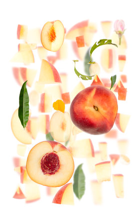 Abstract background made of Peach fruit pieces, slices and leaves isolated on white.の写真素材