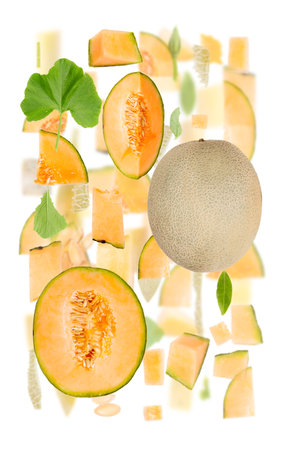 Abstract background made of Sugar Melon fruit pieces, slices and leaves isolated on white.の写真素材