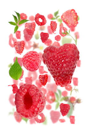 Abstract background made of Raspberry fruit pieces, slices and leaves isolated on white.の写真素材