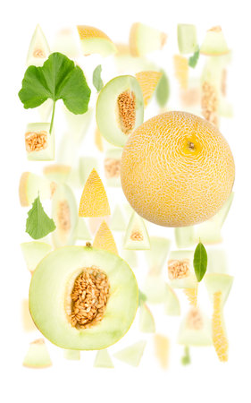 Abstract background made of Sugar Melon fruit pieces, slices and leaves isolated on white.の写真素材