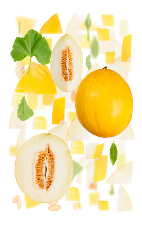 Abstract background made of Sugar Melon fruit pieces, slices and leaves isolated on white.の写真素材