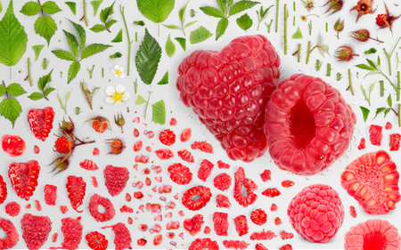 Abstract background made of Raspberry fruit pieces, slices and leaves isolated on gray background.の写真素材