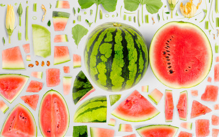 Abstract background made of Watermelon fruit pieces, slices and leaves isolated on gray background.の写真素材