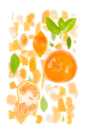 Abstract background made of Tangerine fruit pieces, slices and leaves isolated on white.の写真素材