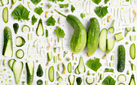 Abstract background made of Cucumber vegetable pieces, slices and leaves on wooden background.の写真素材