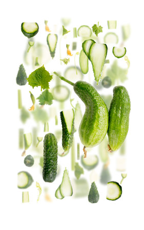 Abstract background made of Cucumber vegetable pieces, slices and leaves isolated on white.の写真素材