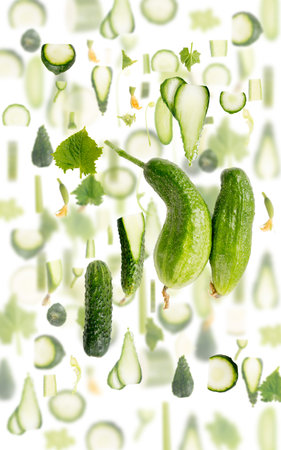 Abstract background made of Cucumber vegetable pieces, slices and leaves isolated on white.の写真素材