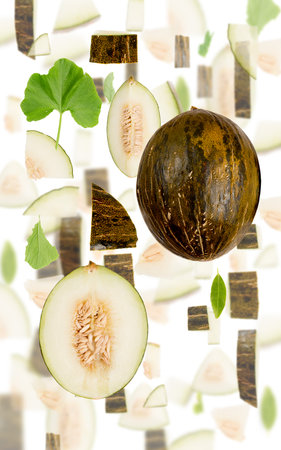 Abstract background made of Sugar Melon fruit pieces, slices and leaves isolated on white.の写真素材