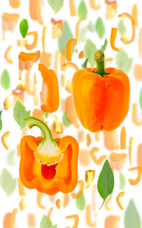 Abstract background made of Orange Pepper vegetable pieces, slices and leaves isolated on white.の写真素材