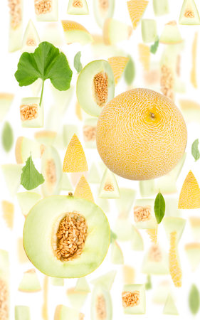 Abstract background made of Sugar Melon fruit pieces, slices and leaves isolated on white.の写真素材