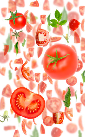 Abstract background made of Red Tomato vegetable pieces, slices and leaves isolated on white.の写真素材