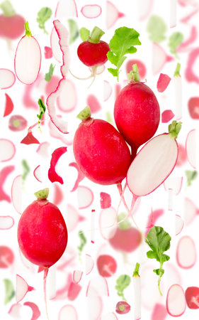 Abstract background made of Radish vegetable pieces, slices and leaves isolated on white.の写真素材