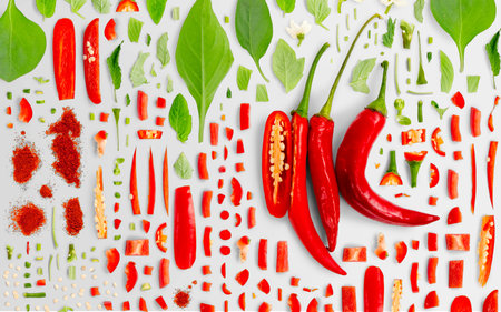 Abstract background made of Red Chili Pepper vegetable pieces, slices and leaves isolated on gray background.の写真素材