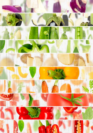 Abstract background made of stripes with Vegetable pieces and slices. Rainbow multicolor composition, wooden background.の写真素材