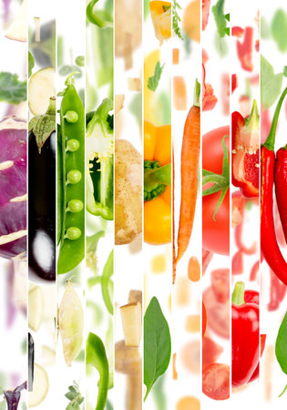 Abstract background made of stripes with Vegetable pieces and slices. Rainbow multicolor composition, white background.の写真素材