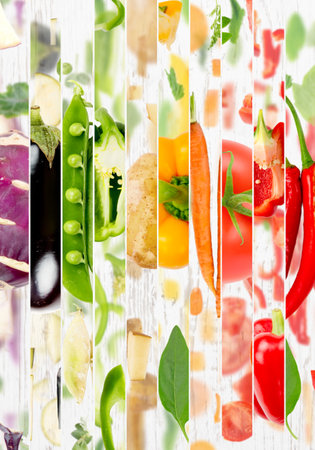Abstract background made of stripes with Vegetable pieces and slices. Rainbow multicolor composition, wooden background.の写真素材