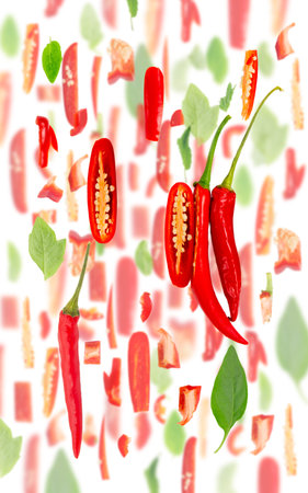 Abstract background made of Red Chili Pepper vegetable pieces, slices and leaves isolated on white.の写真素材