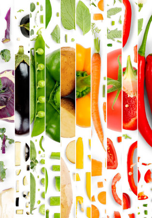 Abstract background made of stripes with Vegetable pieces and slices. Rainbow multicolor composition, white background.の写真素材
