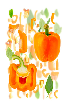 Abstract background made of Orange Pepper vegetable pieces, slices and leaves isolated on white.の写真素材
