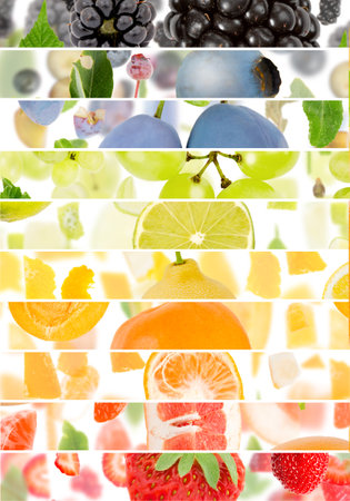 Abstract background made of stripes with Fruit pieces and slices. Rainbow multicolor composition, white background.の写真素材