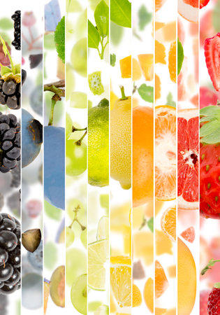 Abstract background made of stripes with Fruit pieces and slices. Rainbow multicolor composition, white background.の写真素材