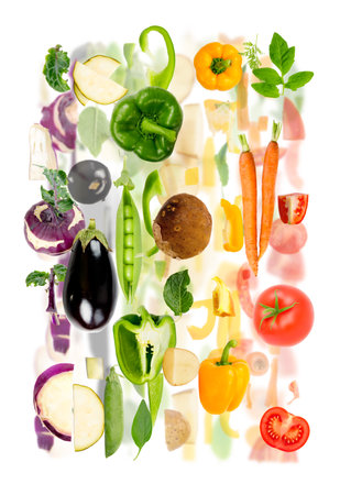 Abstract made of Vegetable piece and slice group. Colors going from purple, green, yellow and orange to red. Vertical composition, white background.の写真素材