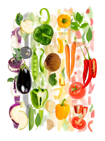 Abstract made of Vegetable piece and slice group. Colors going from purple, green, yellow and orange to red. Vertical composition, white background.の写真素材