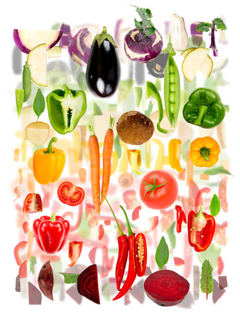Abstract made of Vegetable piece and slice group. Colors going from purple, green, yellow and orange to red. Horizontal composition, white background.の写真素材