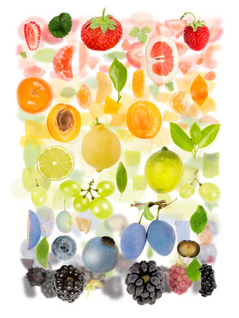 Abstract made of Fruit piece and slice group. Colors going from black, blue, green, yellow and orange to red. Horizontal composition, white background.の写真素材