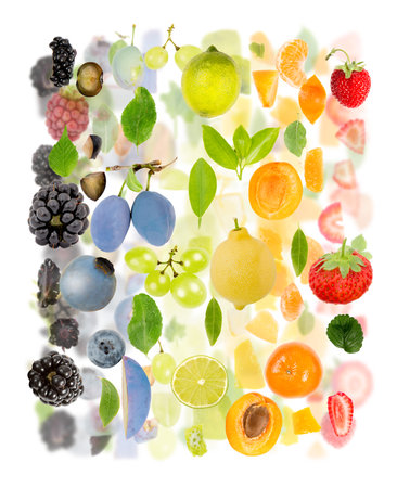 Abstract made of Fruit piece and slice group. Colors going from black, blue, green, yellow and orange to red. Vertical composition, white background.の写真素材