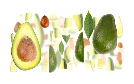 Abstract background made of Avocado fruit pieces, slices and leaves isolated on white.の写真素材
