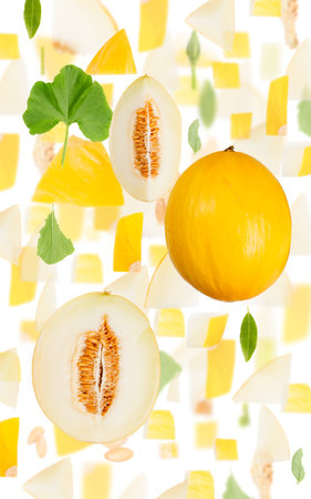 Abstract background made of Sugar Melon fruit pieces, slices and leaves isolated on white.の写真素材