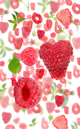 Abstract background made of Raspberry fruit pieces, slices and leaves isolated on white.