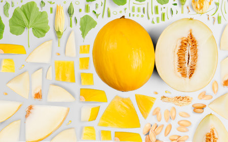 Abstract background made of Sugar Melon fruit pieces, slices and leaves isolated on gray background.の写真素材