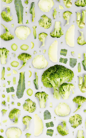 Broccoli fruit piece, slice and leaf collection. Flat lay, seamless abstract, isolated on gray background.の写真素材