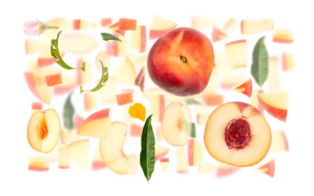 Abstract background made of Peach fruit pieces, slices and leaves isolated on white.の写真素材