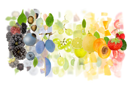Abstract made of Fruit piece and slice group. Colors going from black, blue, green, yellow and orange to red. Horizontal composition, white background.の写真素材