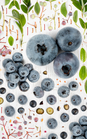 Blueberry fruit piece, slice and leaf collection. Flat lay, seamless abstract, wooden background.の写真素材