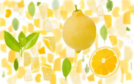 Abstract background made of Lemon fruit pieces, slices and leaves isolated on white.の写真素材