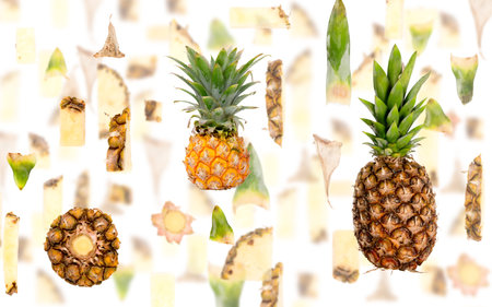 Abstract background made of Pineapple fruit pieces, slices and leaves isolated on white.の写真素材